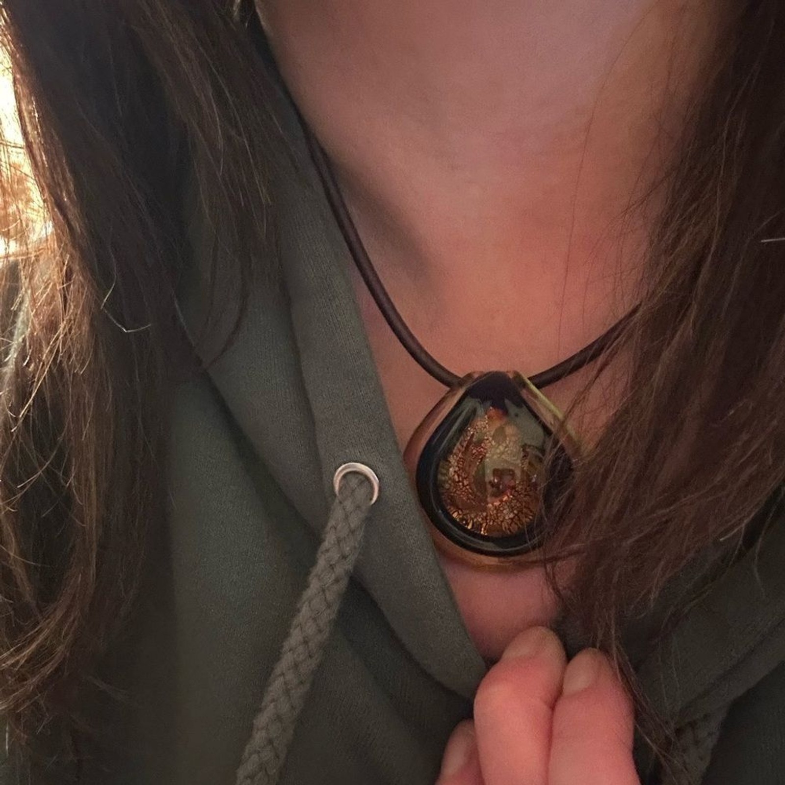 Artisan Glass Teardrop Necklace with Gold and Brown Accents