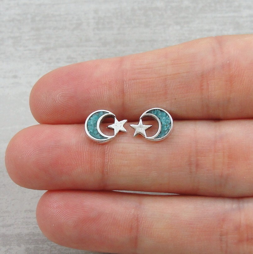 925 Sterling Silver and Turquoise Moon and Star Celestial Post Stud Earrings