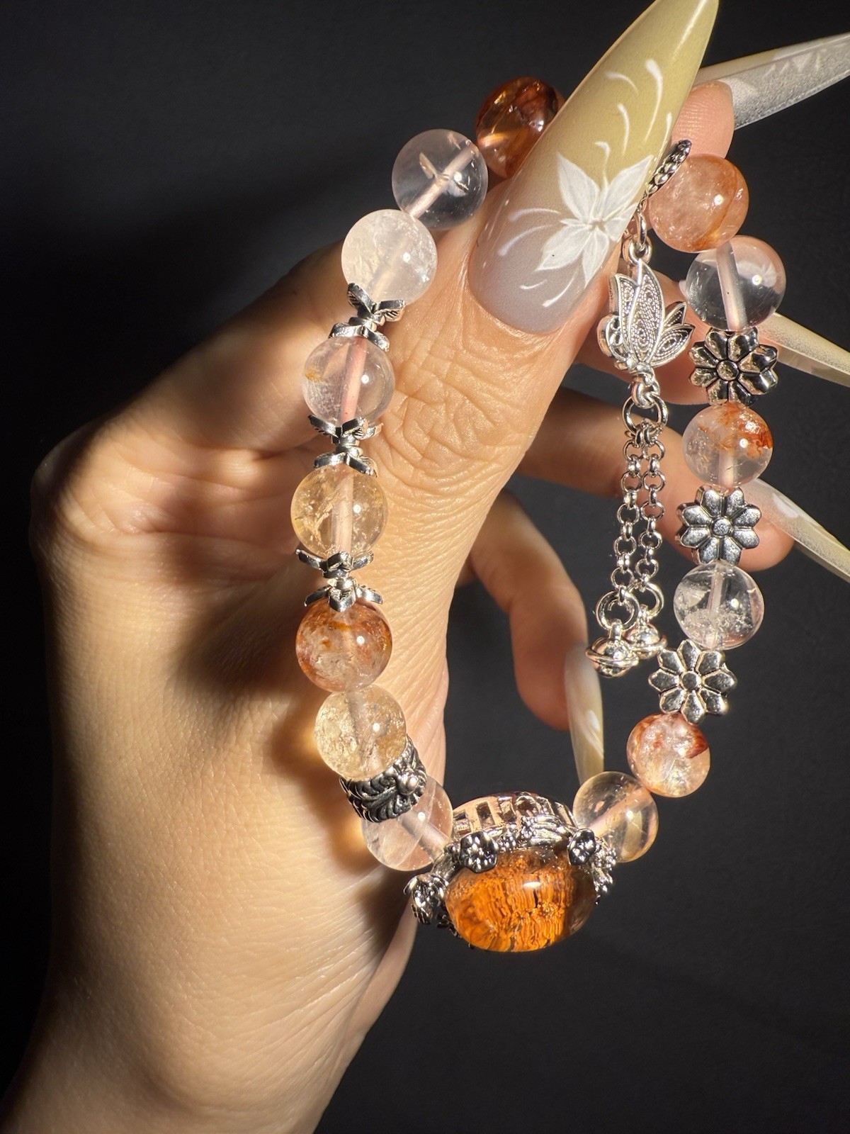 9.2mm High Grade Natural Fire Hematoid Crystal/ Phantom Crystal Charm Bracelet