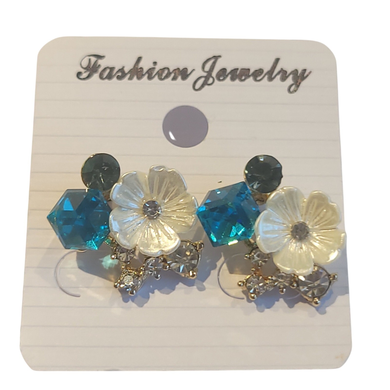 Flower Earring Teal Square Dark Green Rhinestone Jewelry Elegant Stud Gift Bag