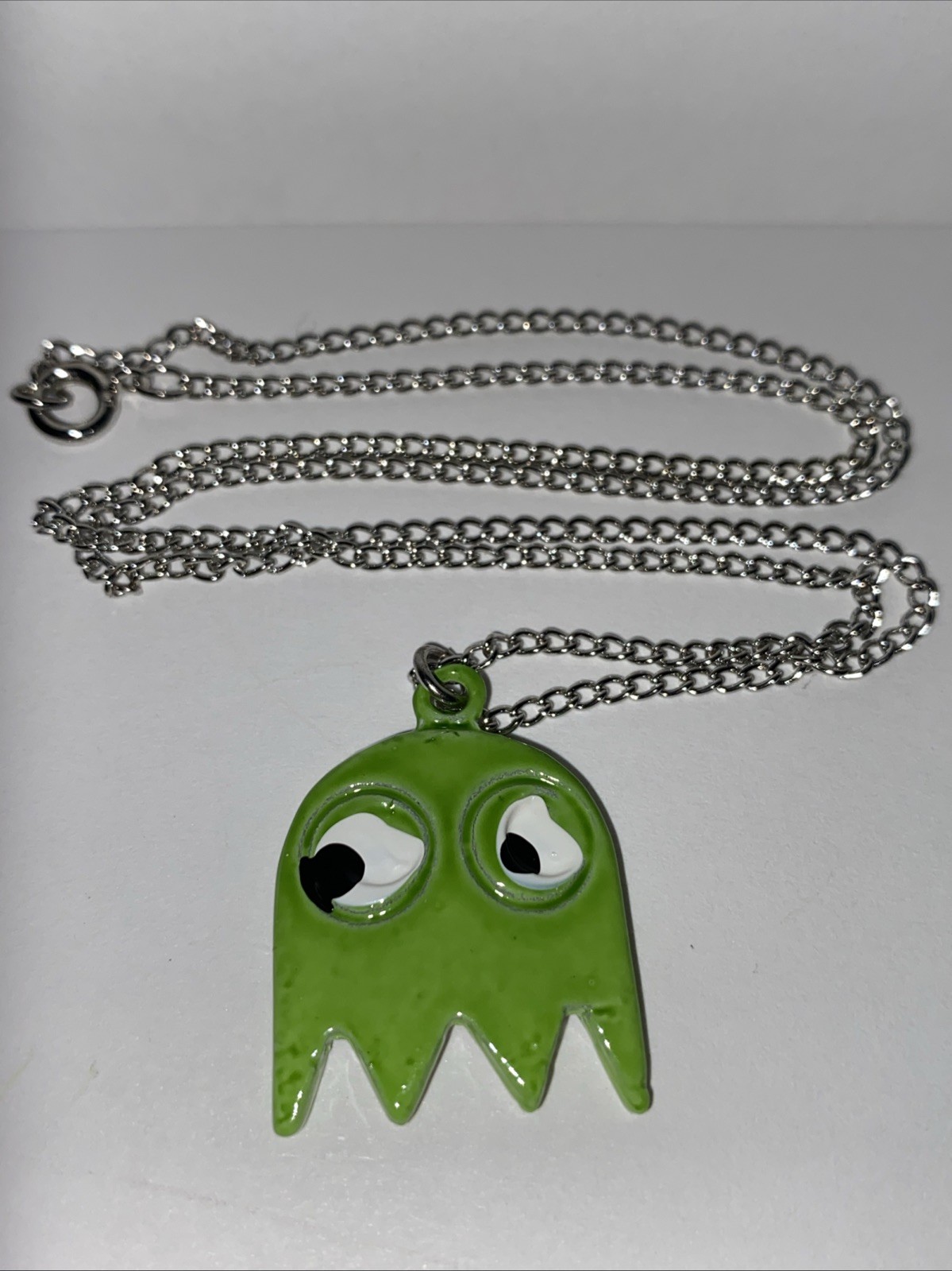 Vintage Pac Man Video Game Green Ghost Necklace