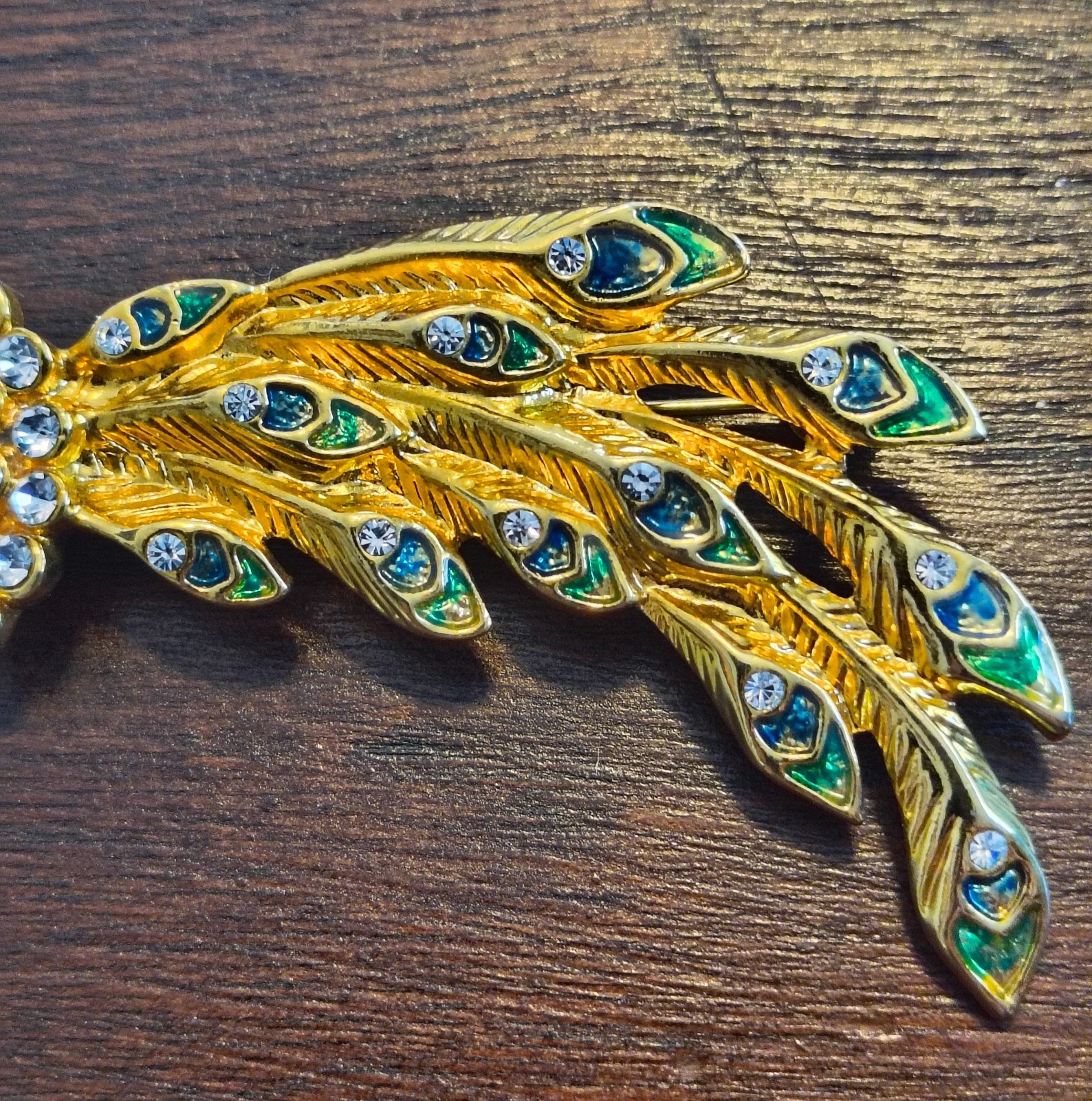 VTG Enamel Rhinestone Peacock Brooch Blue Green Gold Tone 2.5″ costume fashion