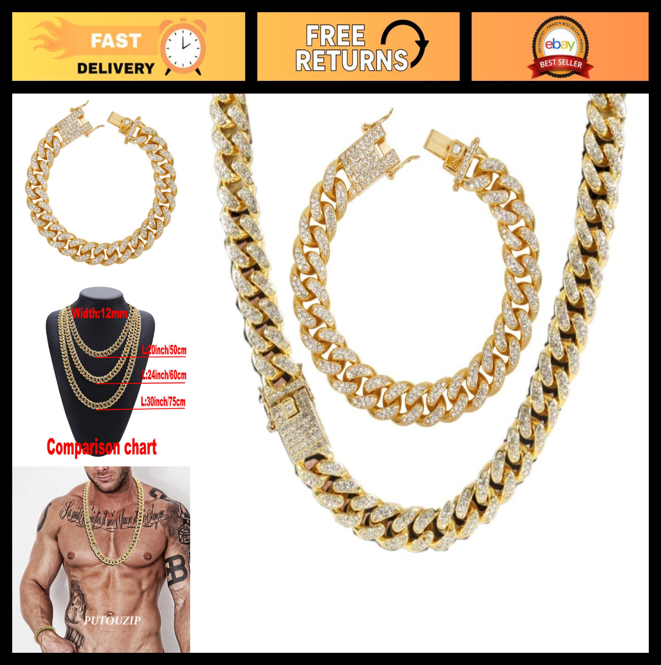 Cuban Link Chain Set for Men 12/14/20mm – 18K Gold Plated, Iced Out Necklace & B