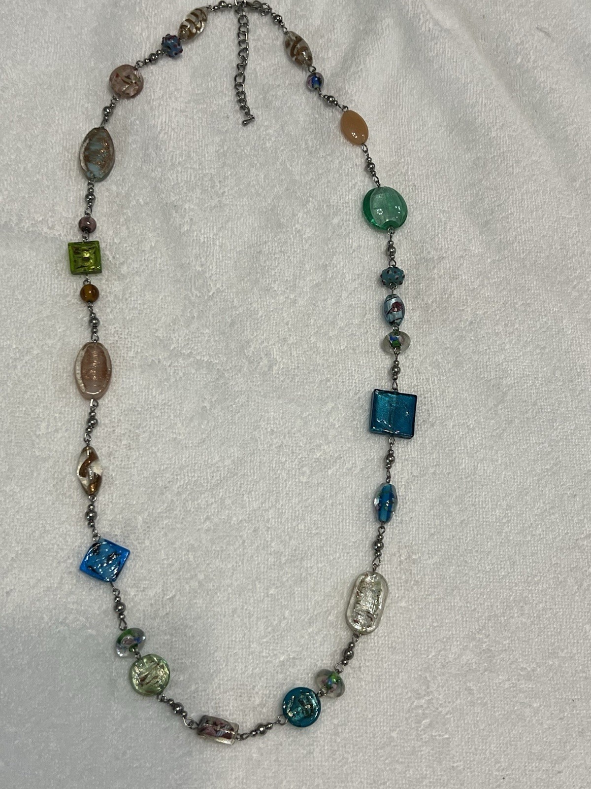 J26- Premier Designs Venetian Murano Art Glass Beads Rhodium Plated 32″ Necklace