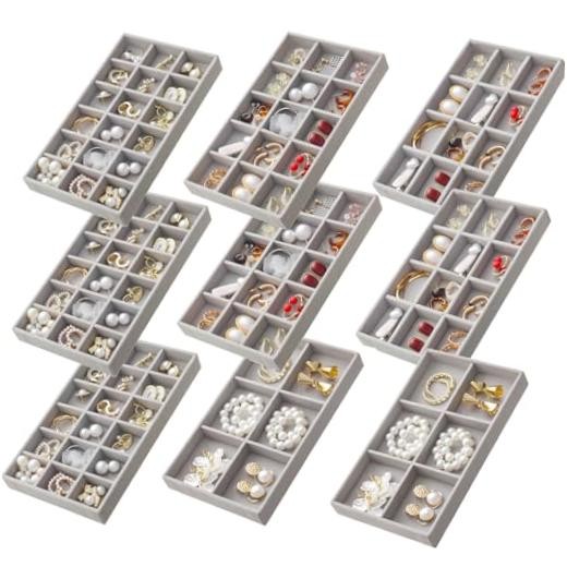 SPAKOWN Jewelry Organizer for Drawer Set of 9, Velvet Jewelry Tray Grey