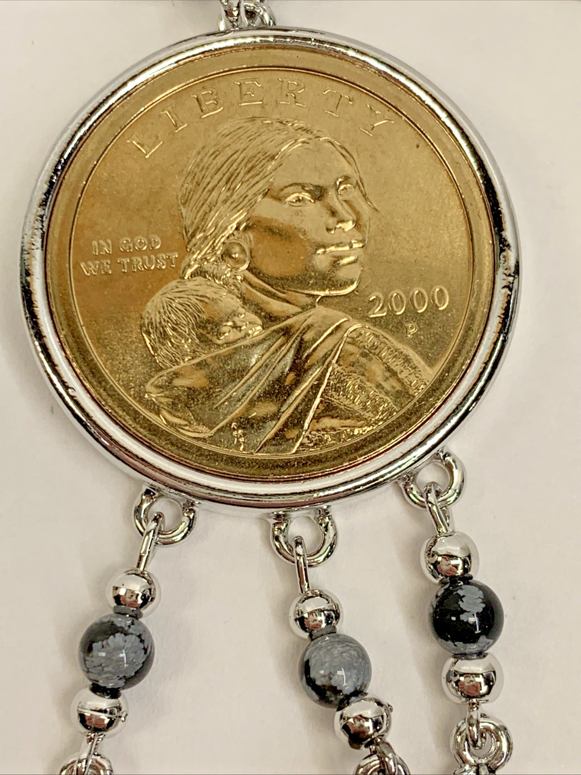 U.S Mint Sacagawea Golden Dollar Coin Silver Tone Pendant Necklace Vintage 2000