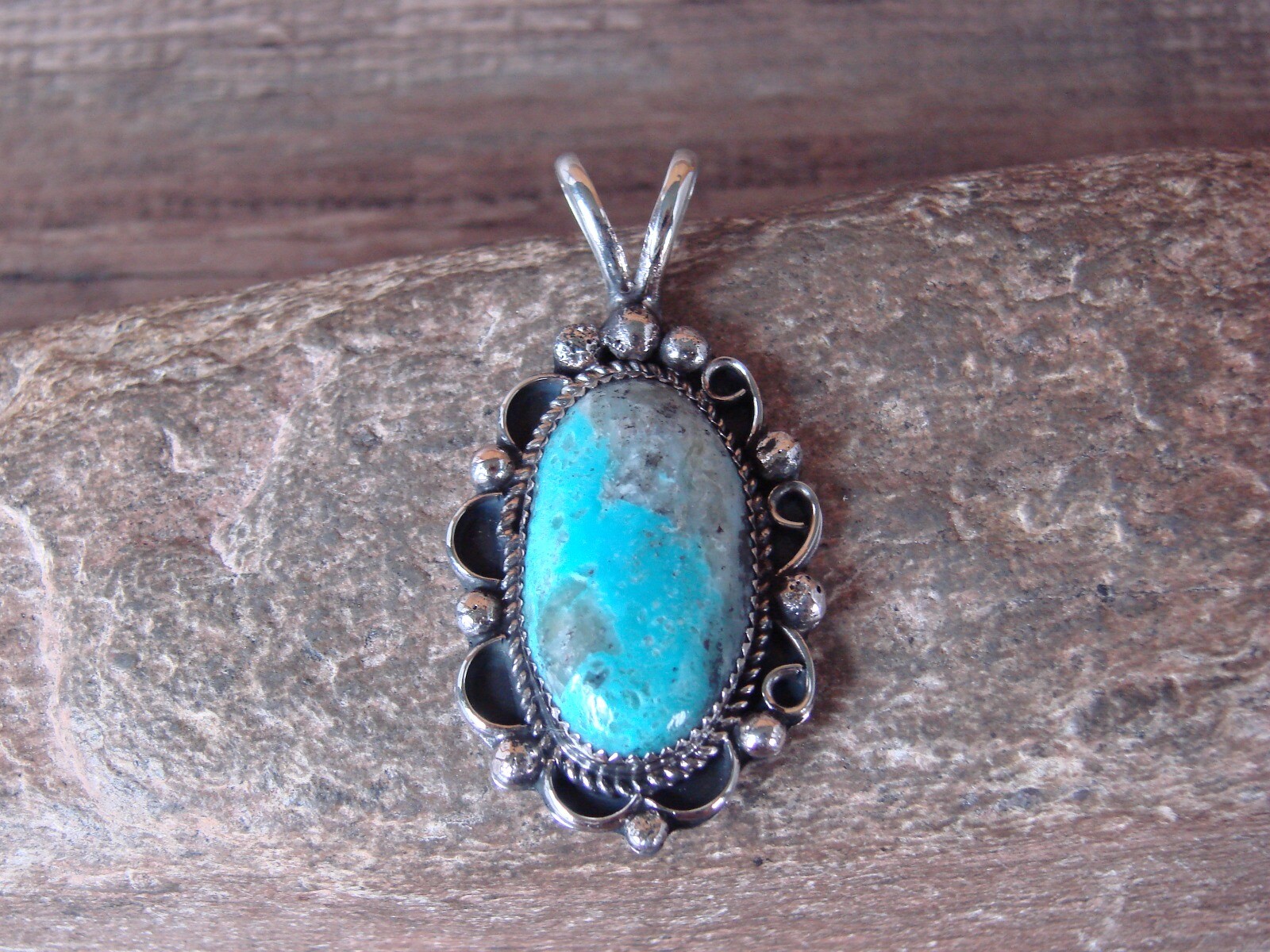 Navajo Indian Nickel Silver Turquoise Pendant Signed Jackie Cleveland