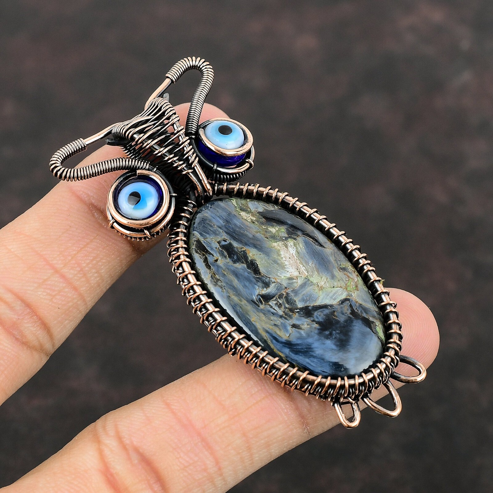 Pietersite Wire Wrapped Owl Pendant Handcrafted Copper Dailywear 2.83″