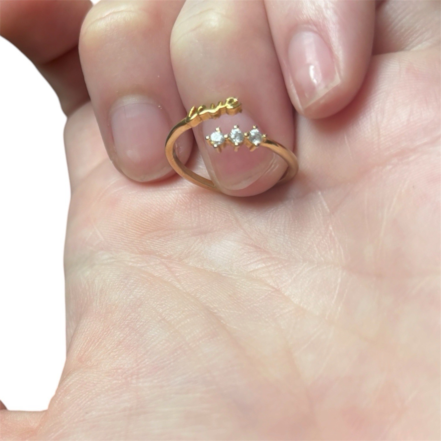 Gold Tone LOVE Open Band Ring Size 7 with 3 Clear Round CZ Stones
