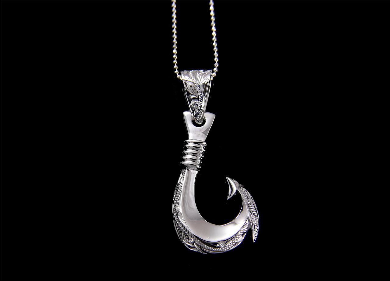 STERLING SILVER 925 HAWAIIAN SCROLL ENGRAVED FISH HOOK PENDANT HEAVY 17.5MM
