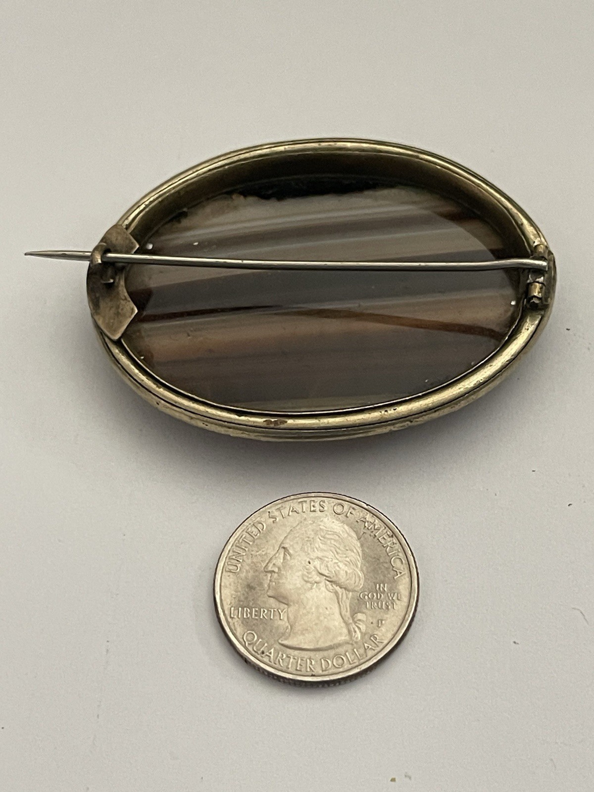 Antique Victorian Brown, Black & White Banded Agate in Goldtone Pinchback Brooch