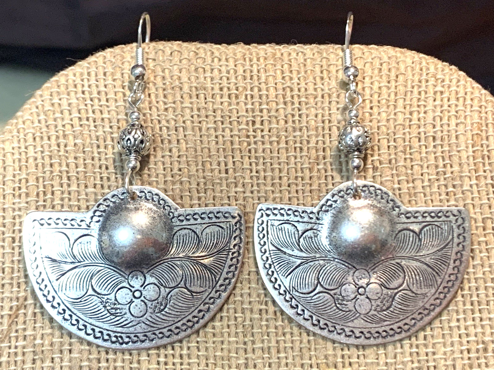 NEW ITEM *MED. ENGRAVED SILVER HILL TRIBE HALF-MOON DROP EARRINGS .925 WIRES-NEW