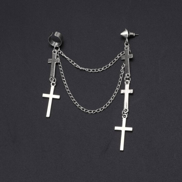 Gothic Punk Cuff Dangle Drop Cross Earrings-Long Chain Stud Tassel, Gift, Silver