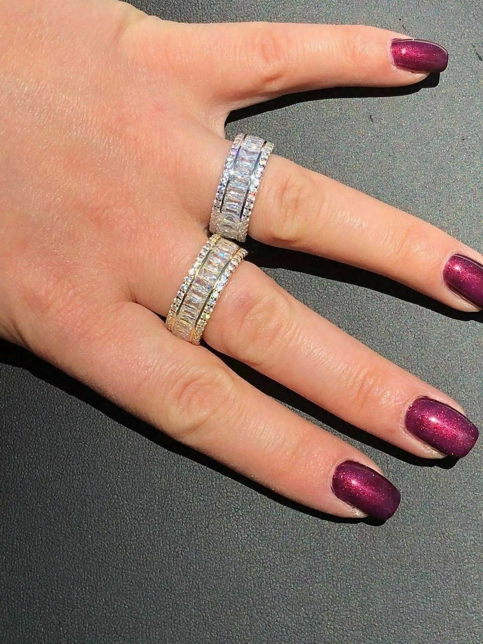 Anillo De PLATA 925 Maciza Con Diamantes Baguette Simulados Bañado en Oro 14K