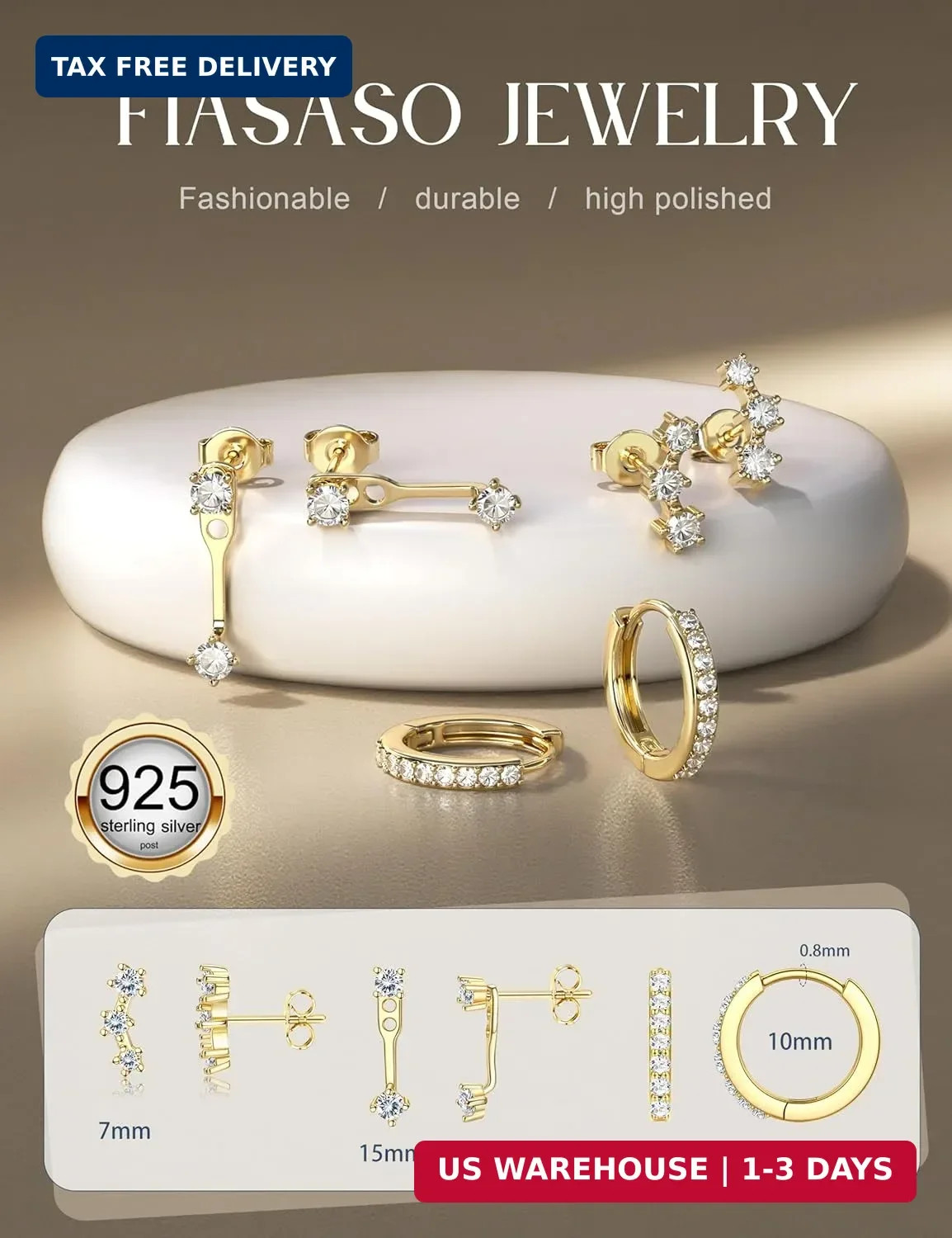3 Pairs 925 Sterling Silver Hypoallergenic Earrings for Women Trendy – 14K Gold