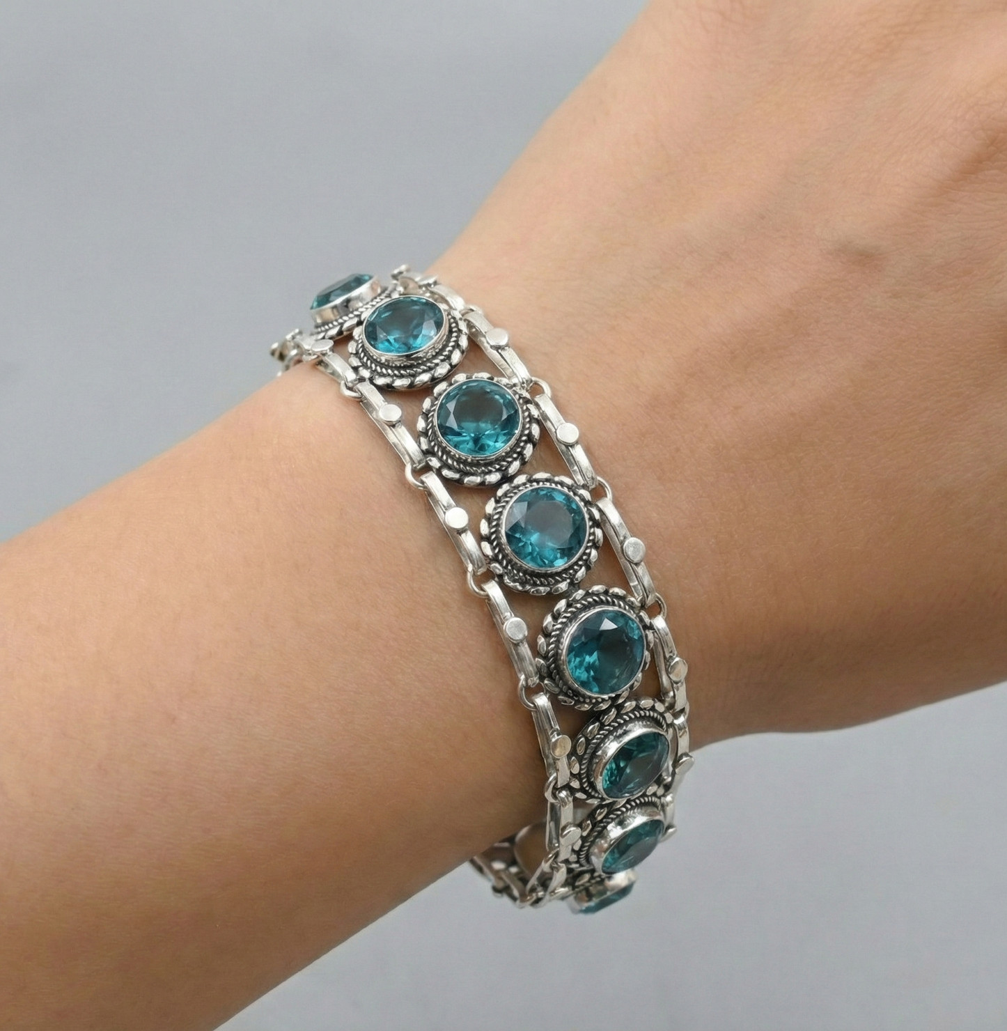 London Blue Topaz Gemstone Handmade 925 Sterling Silver Jewelry Chain Bracelet
