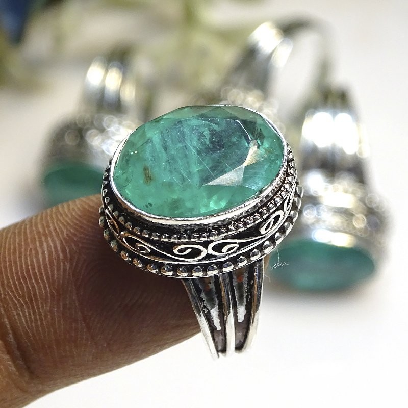 Green Crack Crystal Oval Gemstone Fashion 925 Sterling Silver Vintage Ring 6″ G2