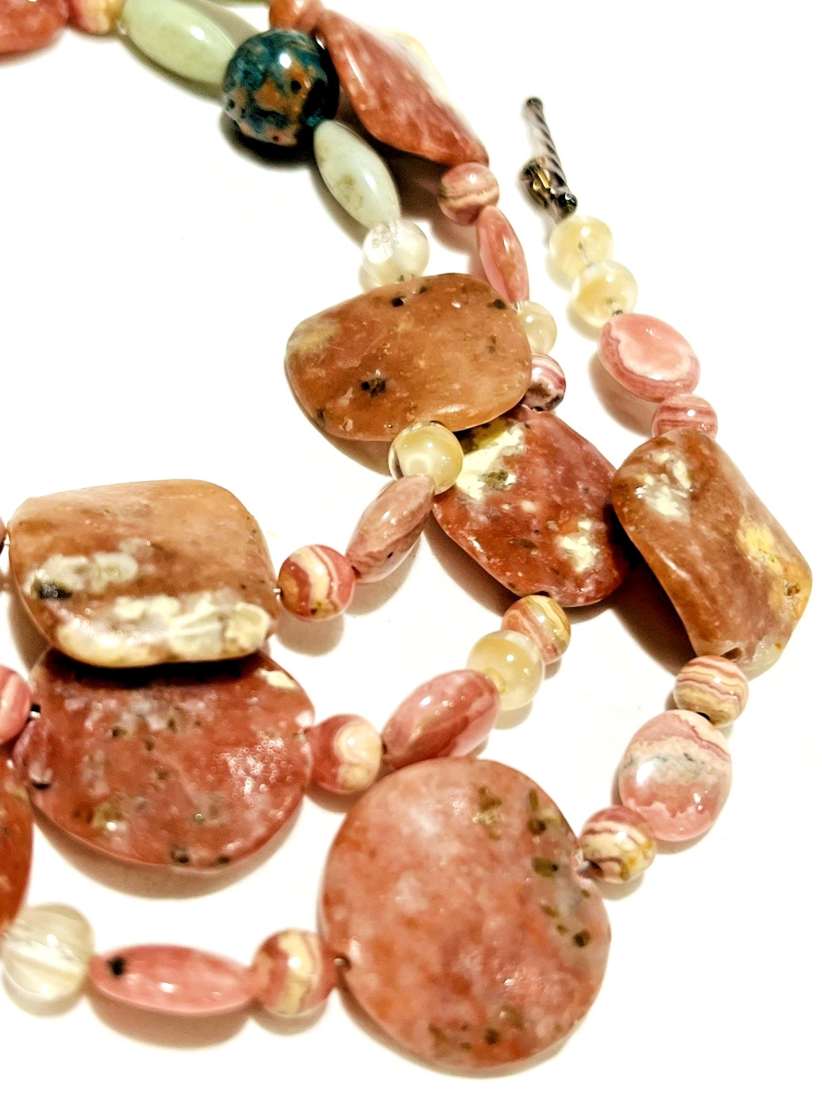 USA Artisan Pink Rhodonite Rippled Disc Bead Necklace 27″ Sterling Toggle Clasp