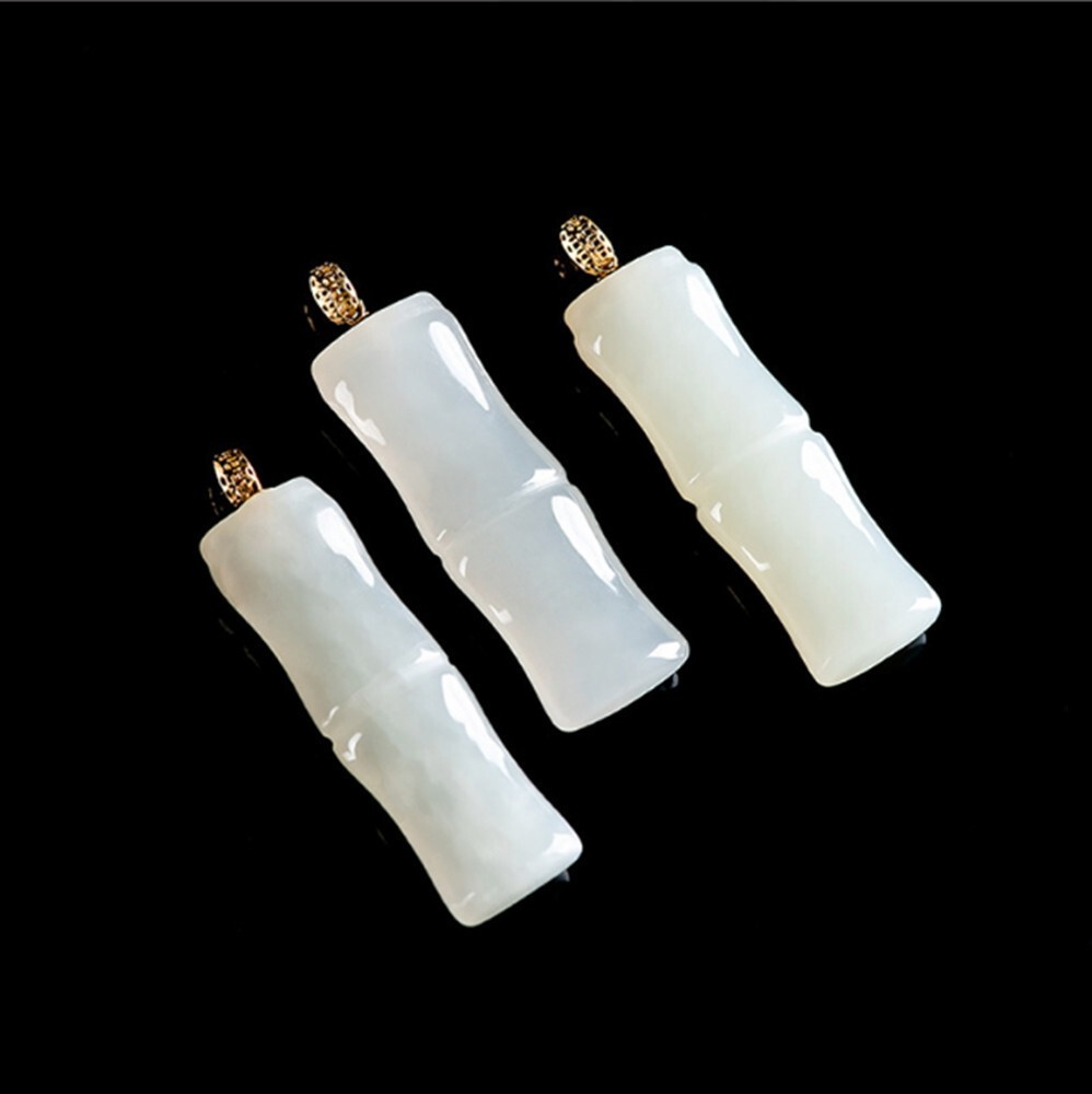 Certified White Natural AAA HeTian Jade 18K Solid Gold Bamboo Pendant Necklace