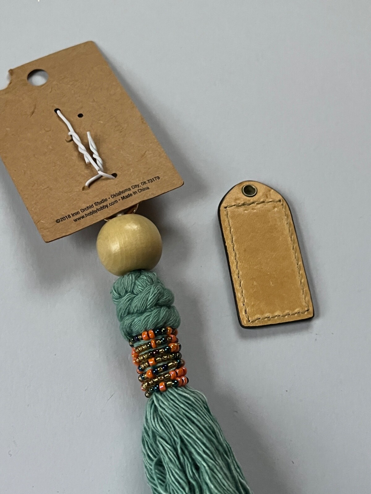 Lot of Iron Orchid Studio Blue Tassel w Orange Iridescent Beads Clip & Tan Leath