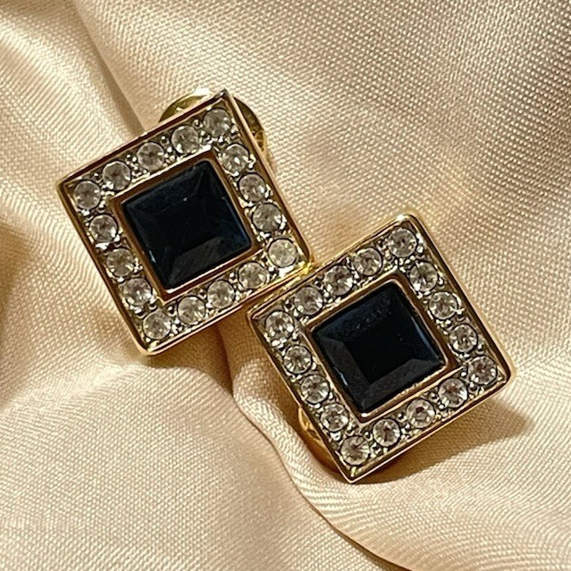 Vintage Monet Gold Tone Dark Green Square Gem Rhinestone Accent Clip-On Earrings