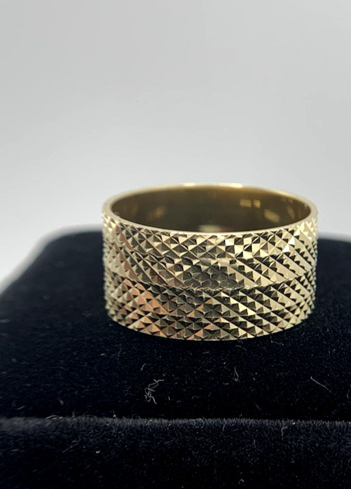 14k Gold Turkey Wide Band Ring Diamond-Cut Etching 9.7mm,Sz8.25, 4.7g,FREEgfBx$5