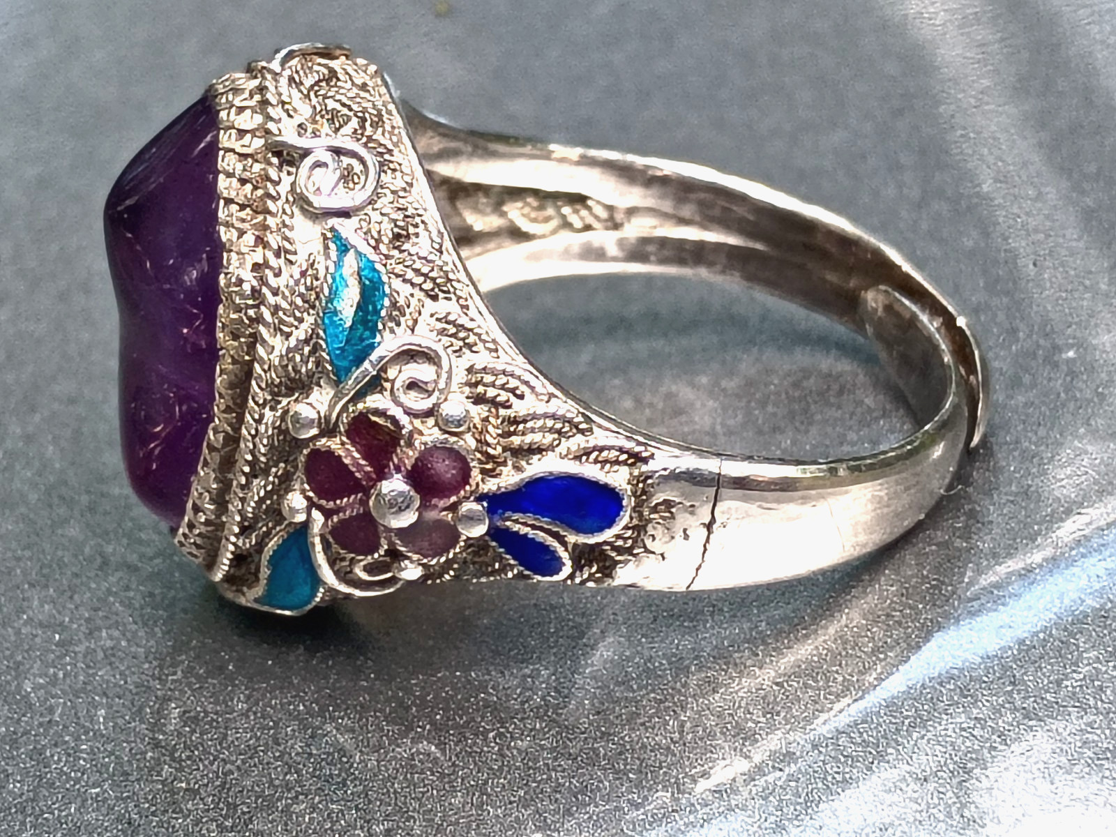 Antique Chinese Export Ring Large Amethyst Sterling Silver Filigree Cloisonné