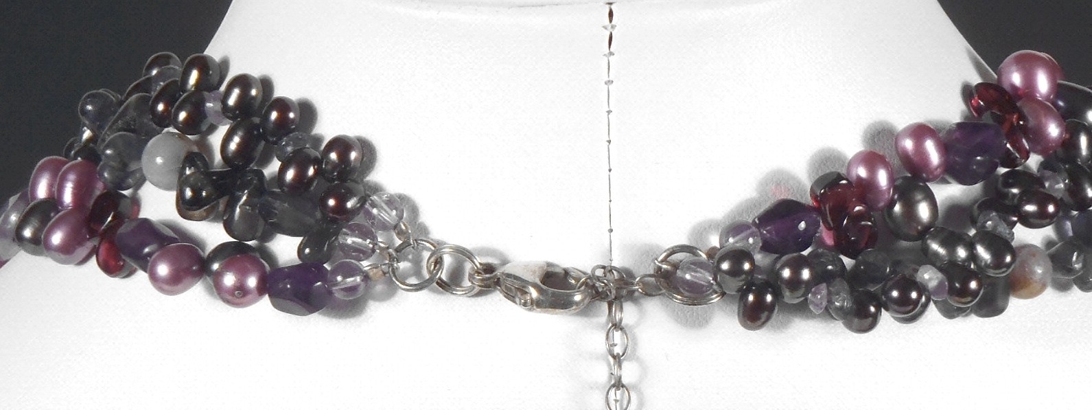 Shades of Purple Glass & Pearl Beaded Triple Strand Necklace Art Glass Pendant