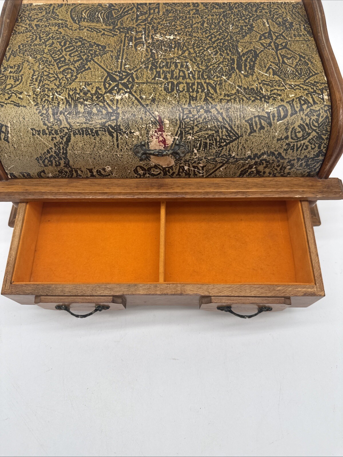 Wooden Old World Map Jewelry Box Approx 11’x8″ Hinged Top and 1 Drawer