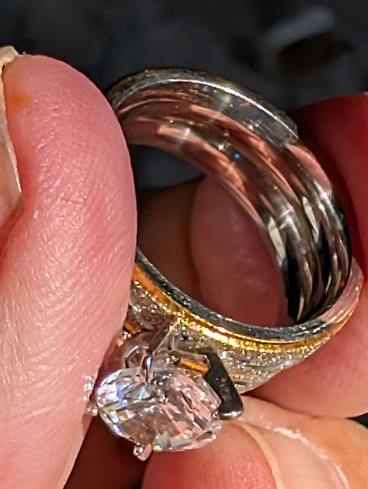 Gold & Silver Color Engagement & Wedding Ring Set – Created Diamond, Etched