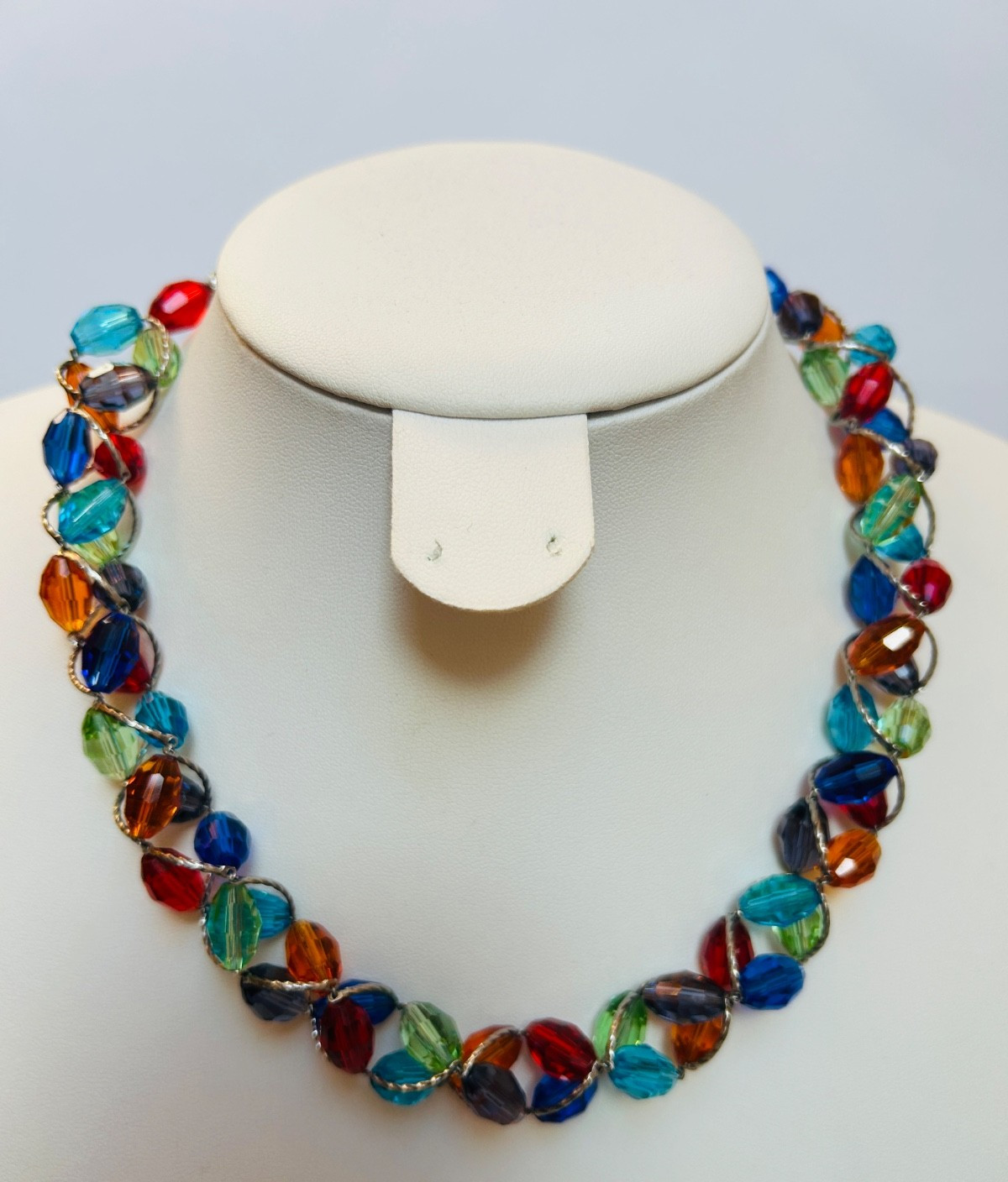 M&S Glass Necklace Red Green Blue Amber Purple Silver Tone Metal Vintage