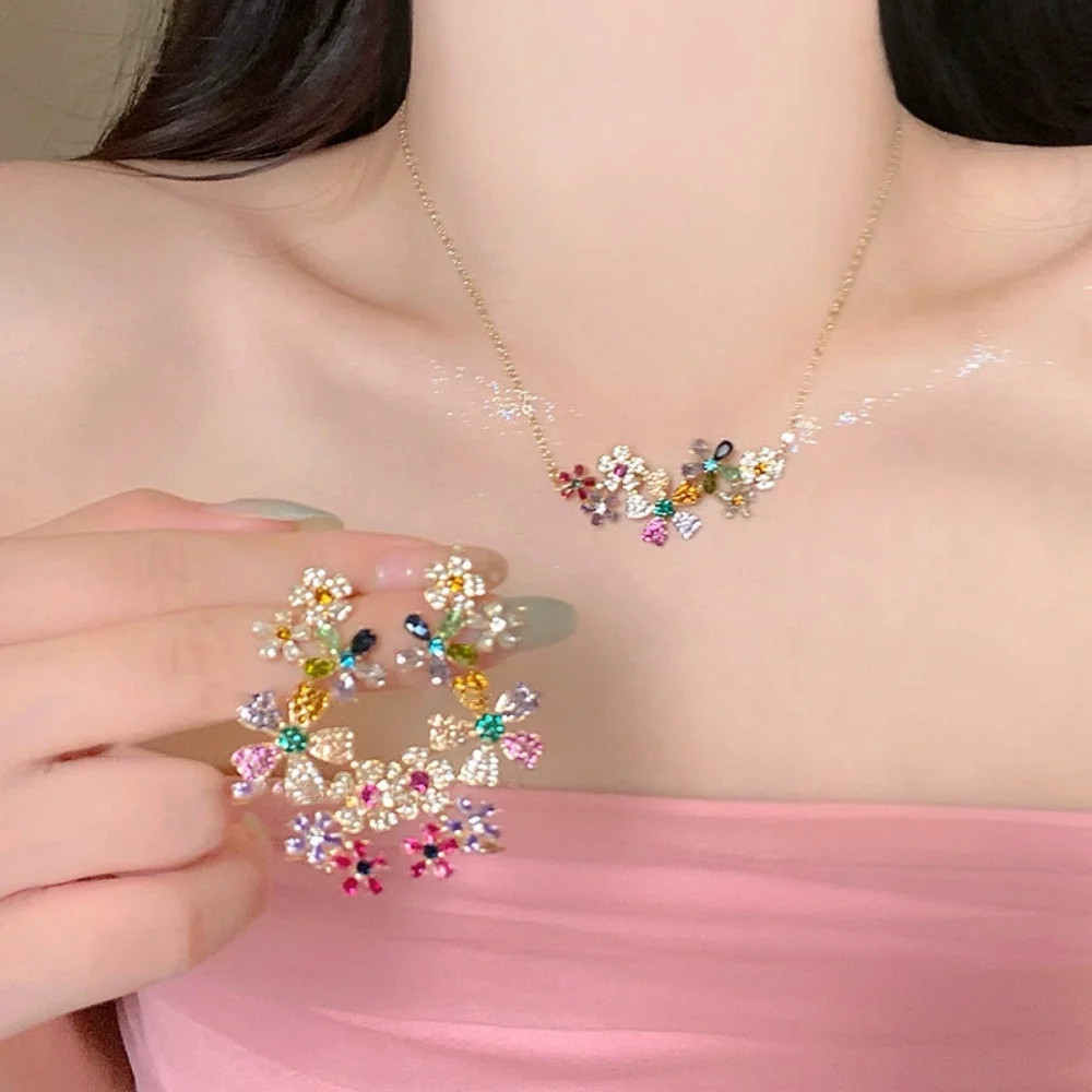 Geometry Colored Zircon Flower Necklace Earrings Women’s Trendy Fashion Jewelry