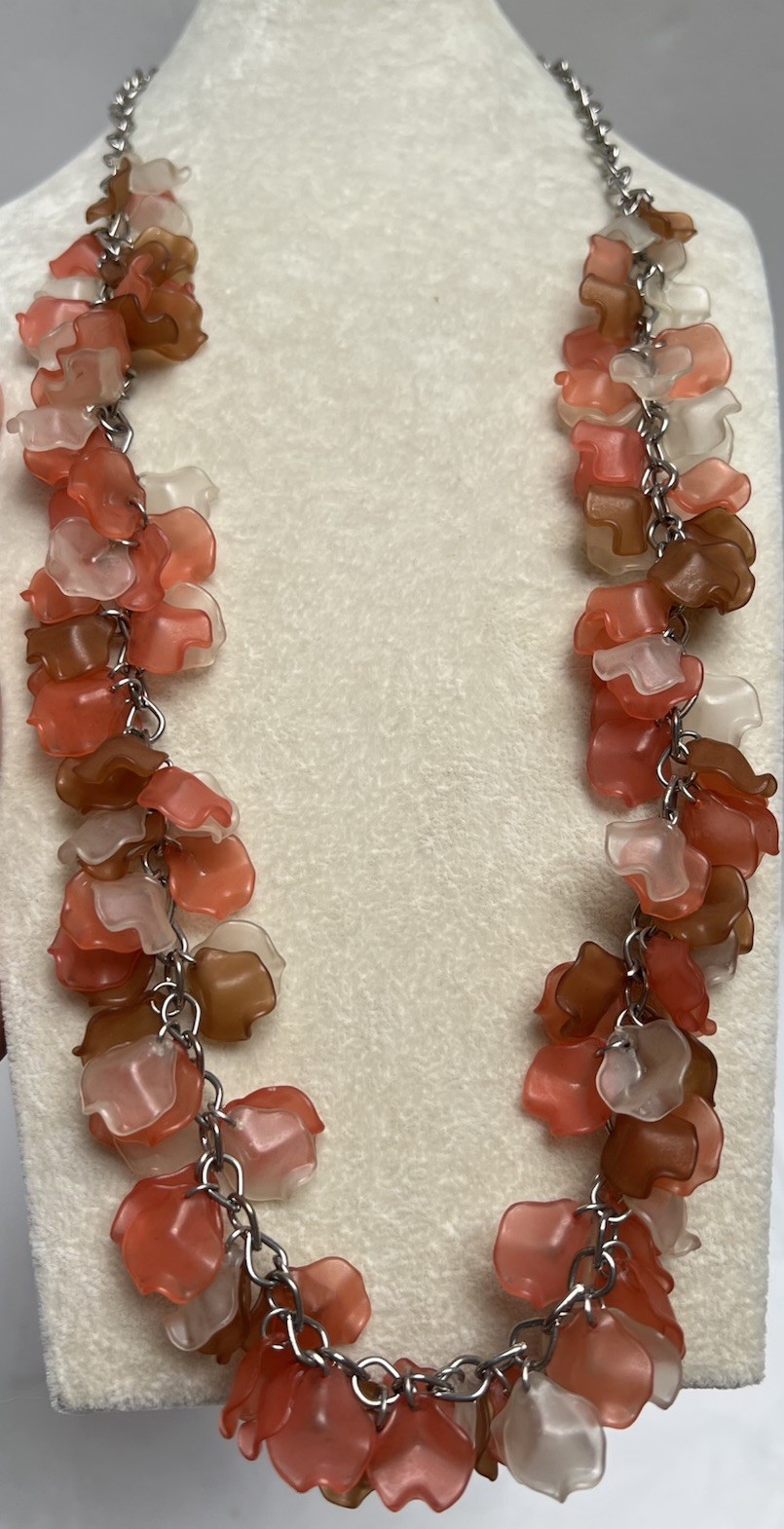 Vintage Frosted Peach Taupe Clear Acrylic Flutter Petal Dangle Necklace 30-32”