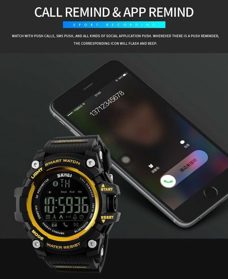 Bluetooth Waterproof Sport Smart Watch Phone Mate For Android IOS iPhone Samsung