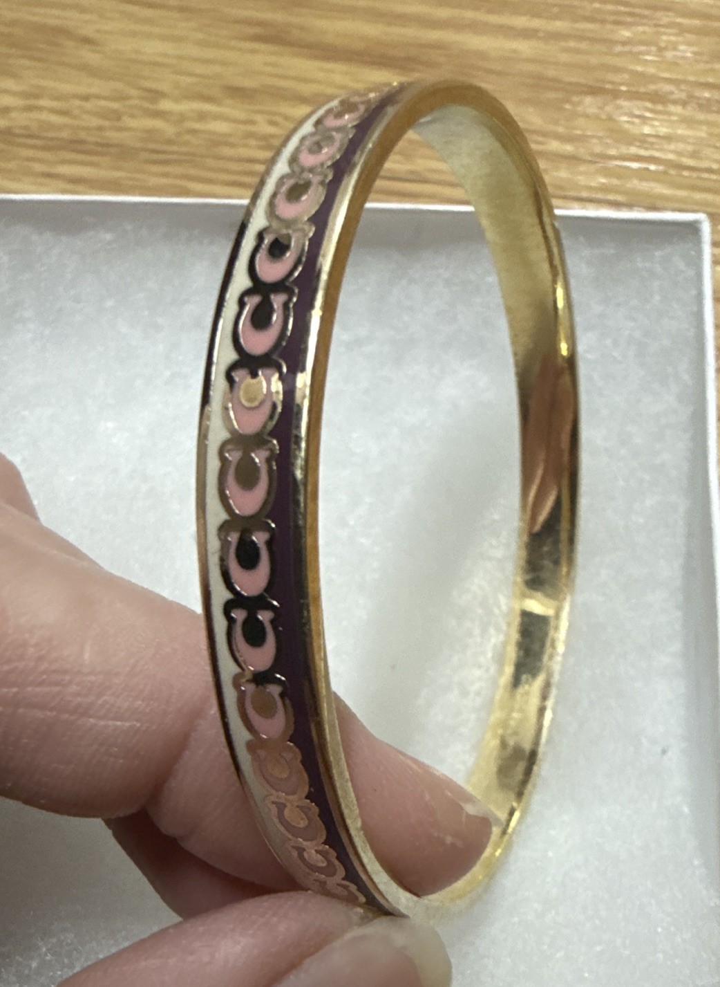Coach Gold Tone Pink & Black Enamel C Logo Bangle Bracelet Signed