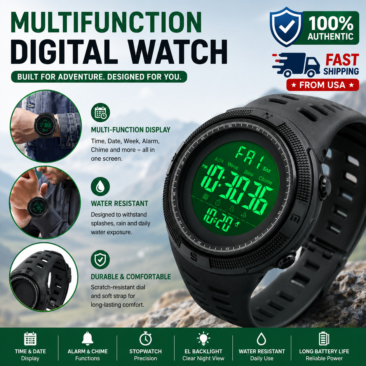 SKMEI Men’s Digital Army Military Sport Quartz Analog Chrono Waterproof Watch US