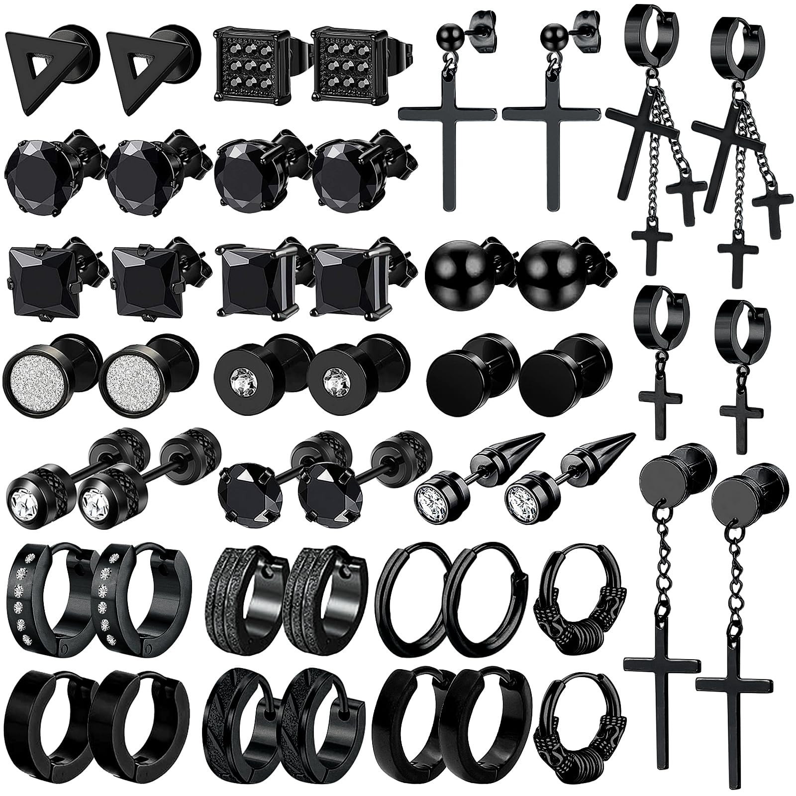 NEWITIN 24 Pairs Stainless Steel Earrings for Men Different Black
