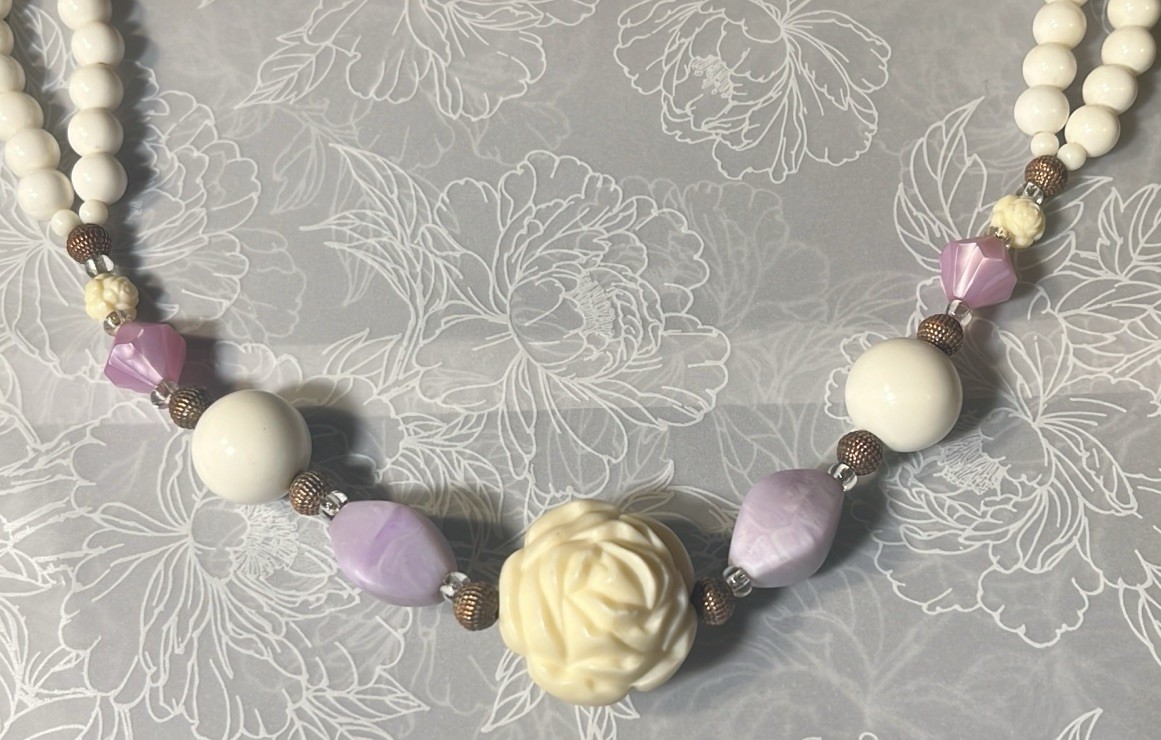 Vintage Lavender, White & Cream “carved” Flower Beaded Necklace & Earrings Set
