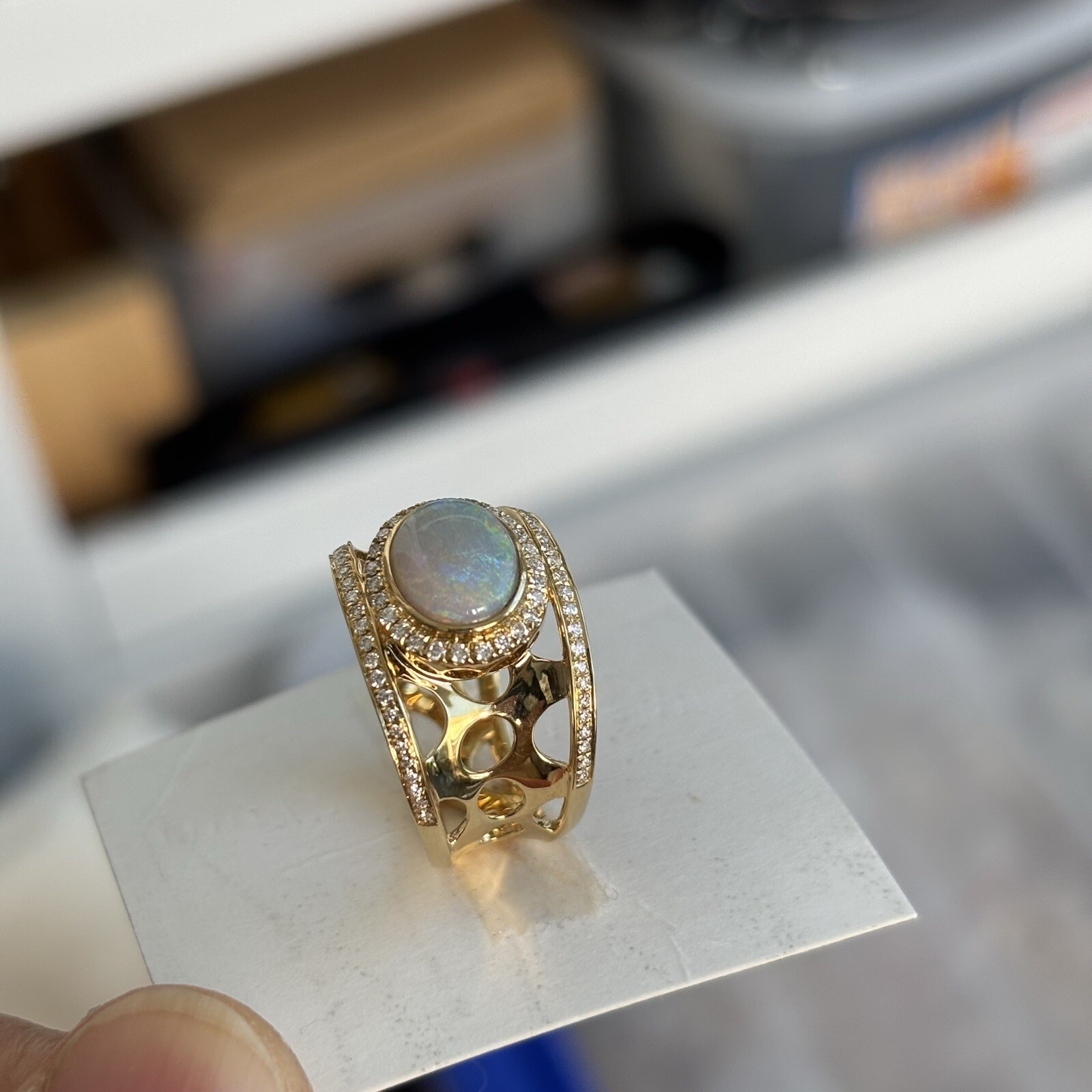 Natural Australia Solid opal w/0.301cts diamond 18K gold ring 29.79cts #O 1/2