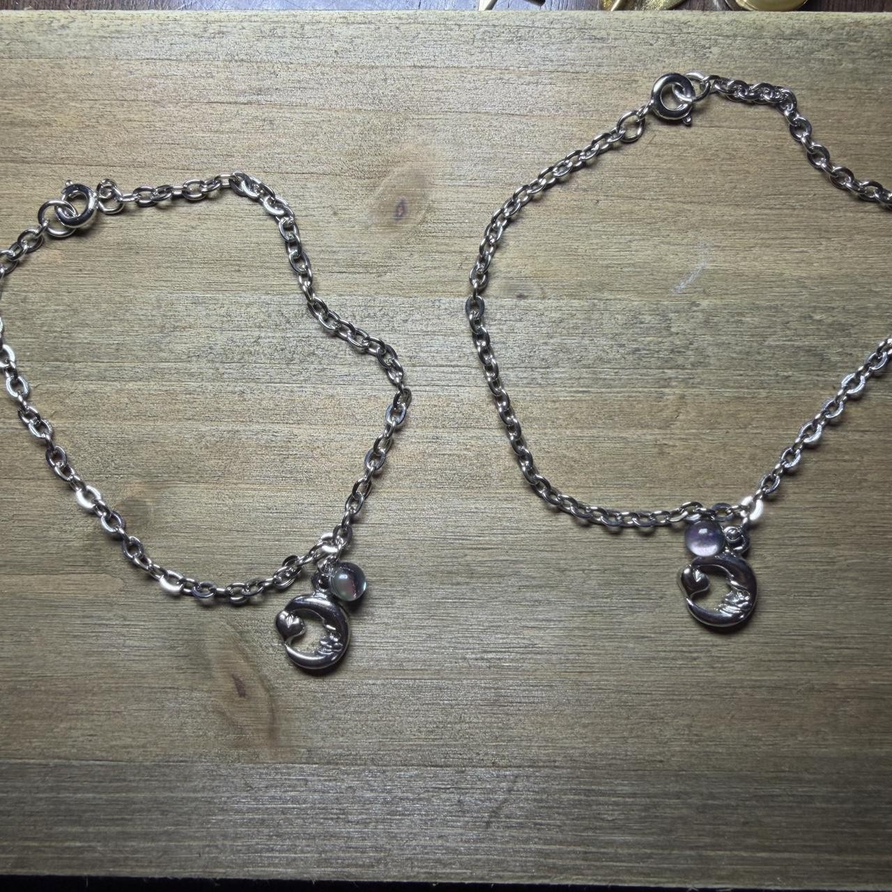 Matching Silver chain friendship anklets/bracelets with moon and pearl charms