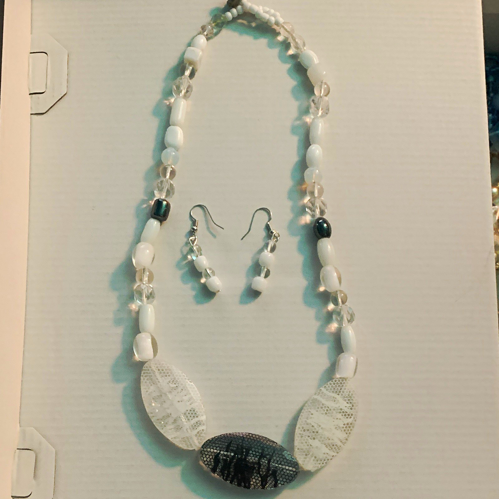 Beaded Jewelry Set: Necklace Bracelet Earrings, White Clear Black Glass/Plastic