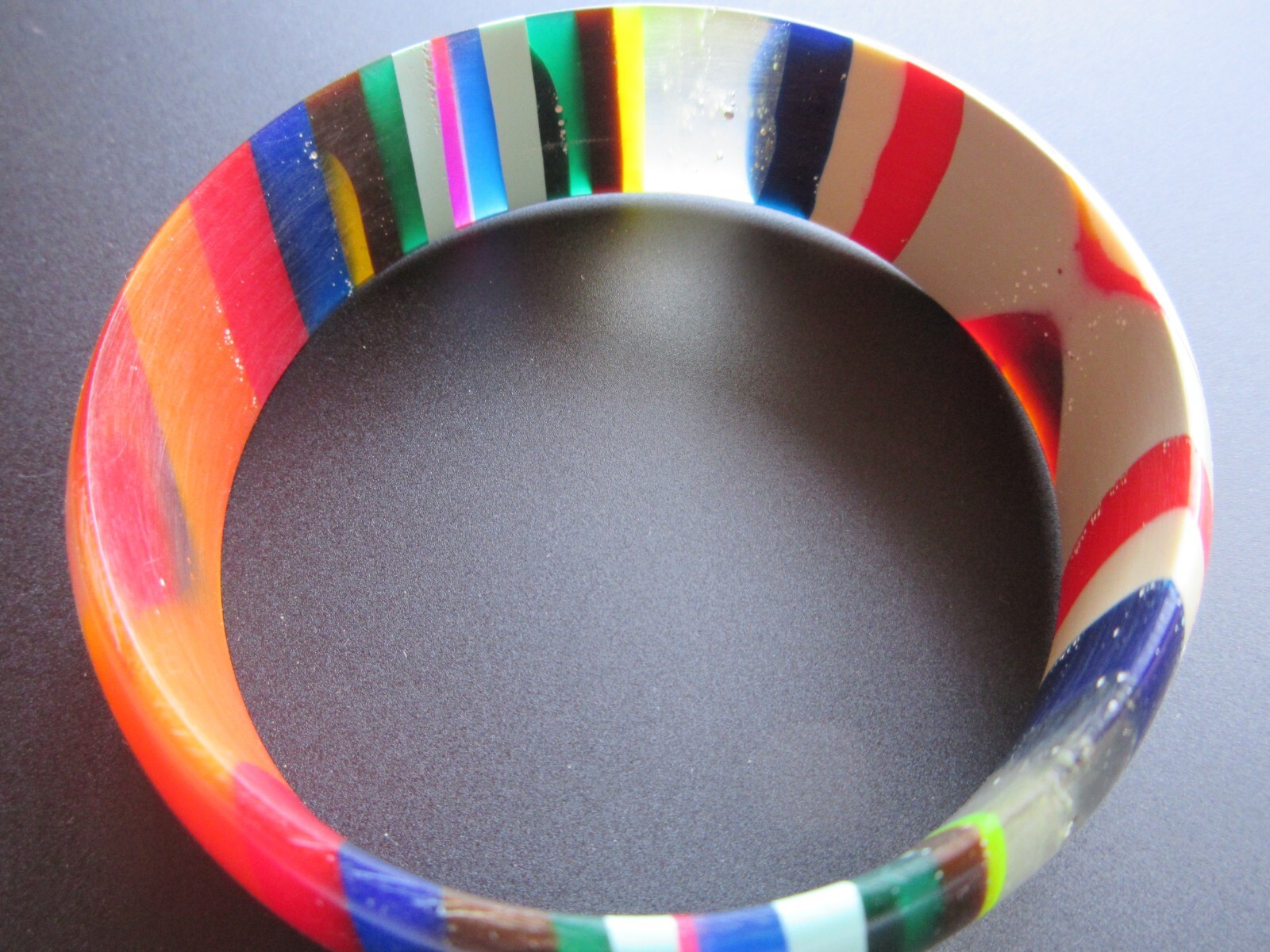 Mid century Multi color Striped Early Lucite Acrylic Bangle Bracelet 2 7/8″