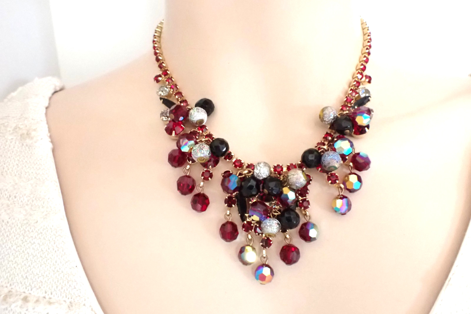 Verified Juliana Vintage Red & Black Cha Cha Necklace Metalized Beads Rhinestone