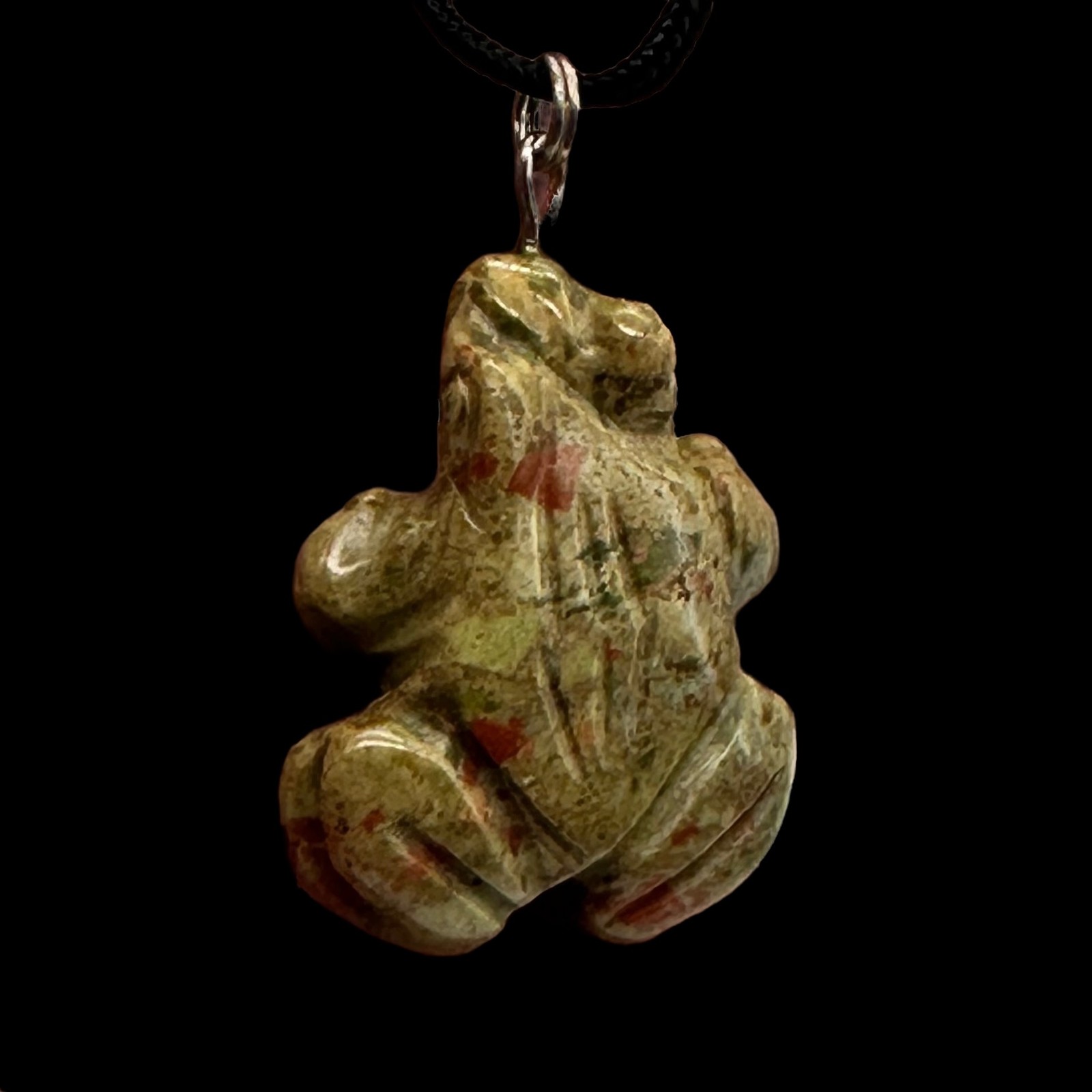 Unakite Stone Frog Pendant Necklace |1 1/4″ Long | Green, Pink | 1 Pendant |