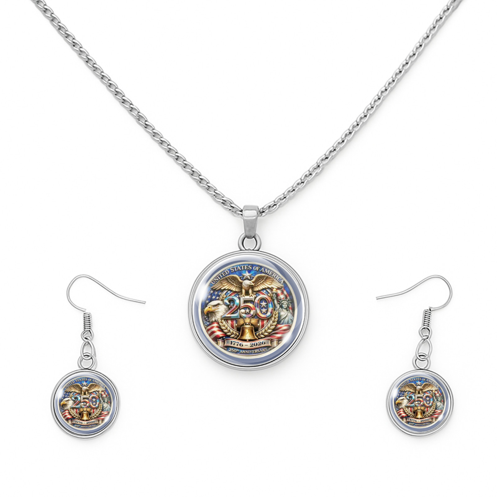 250 Years of Freedom Patriotic Jewelry Set Necklace Earrings USA 1776-2026