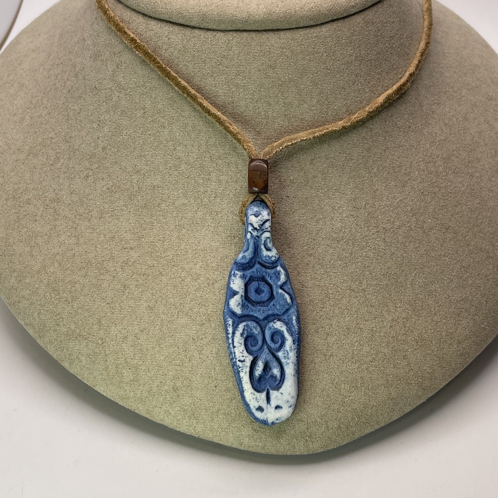 1970s Vintage Cermic Charm necklace Stone Bead Leather Cord Approx 24” Handmade
