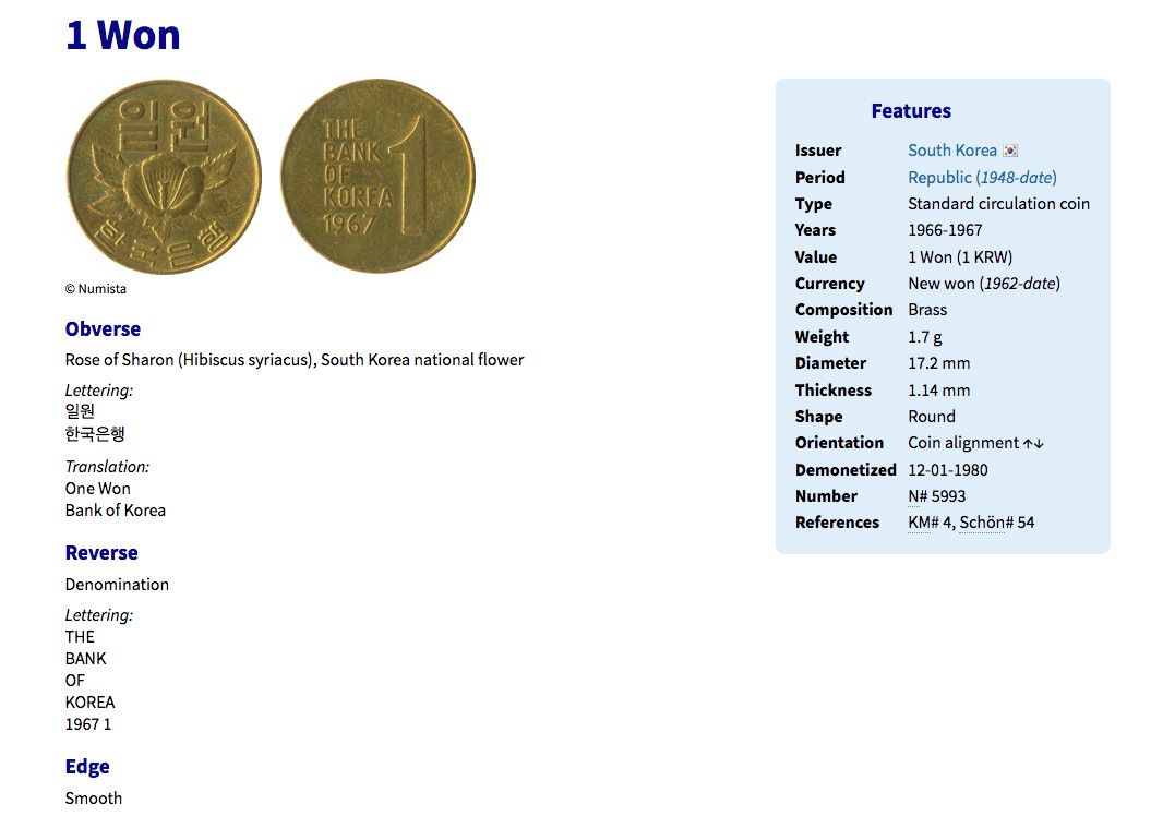 1967 South Korea 1 Won coin earrings Rose of Sharon Mugunghwa Seoul Busan 000041