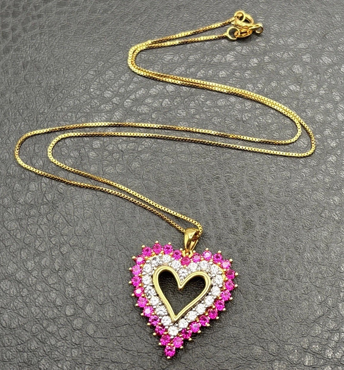 Signed BR Lab Ruby Pink Heart Pendant Necklace Gold Plated 18” Chain