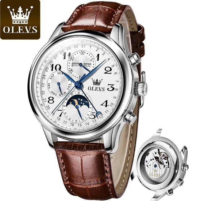 OLEVS Automatic Mechanical Watch Men’s Moon Phase Waterproof Leather Men Strap