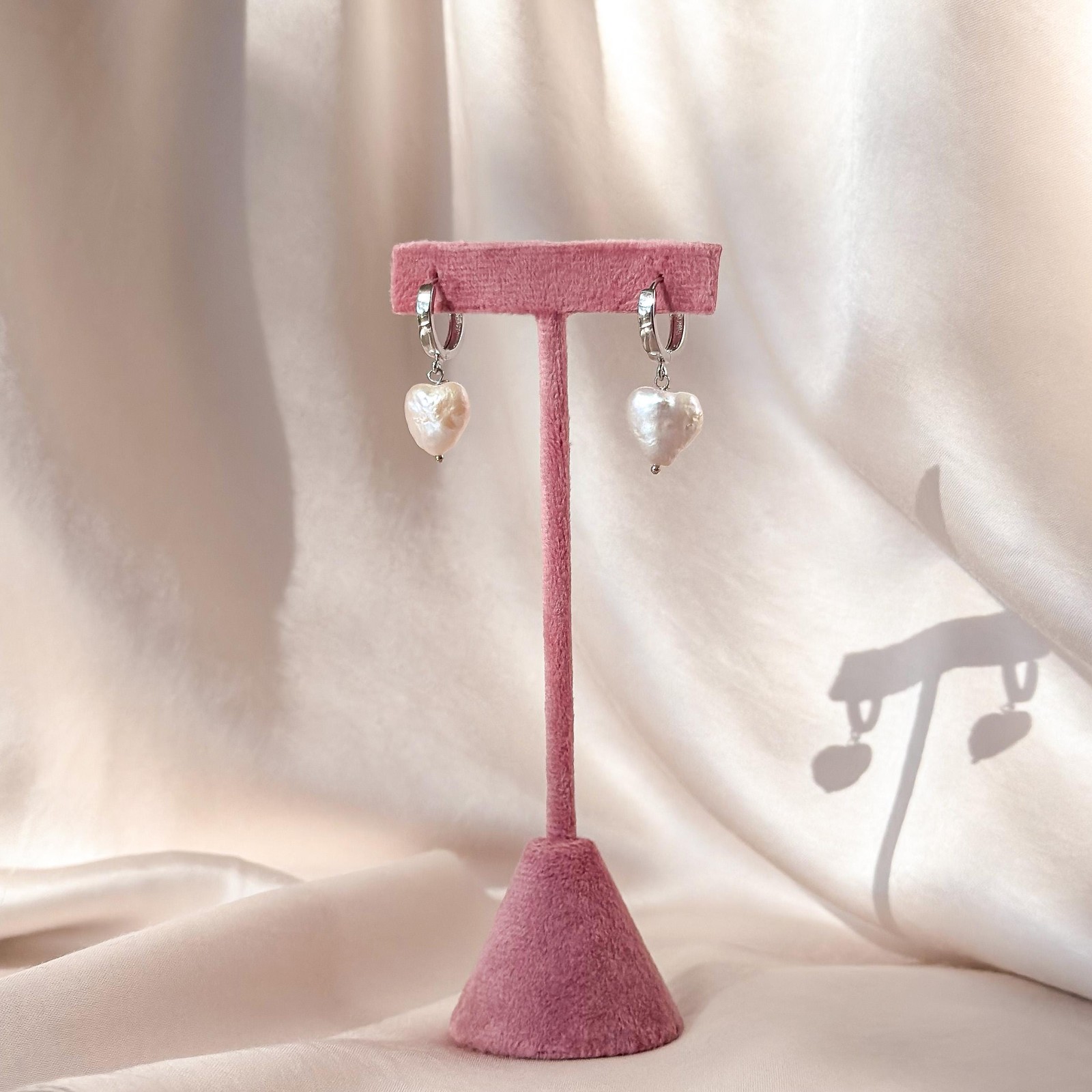 Heart Pearl Drop Earrings, Silver Huggie Hoops, Gift for Her
